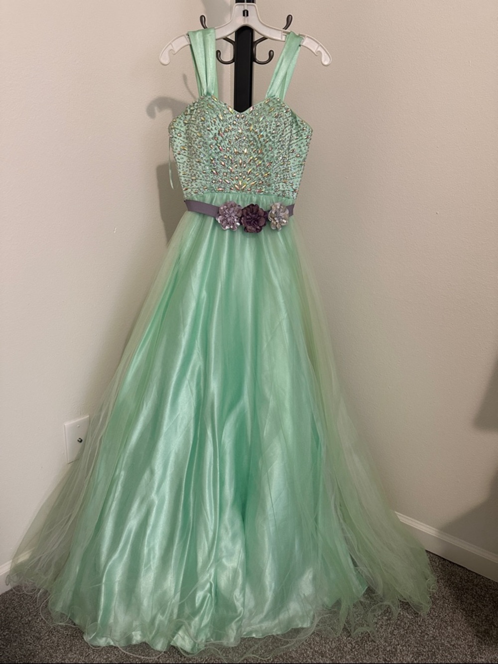 Mint Green Beaded Tulle Prom Dress with Floral Waistband